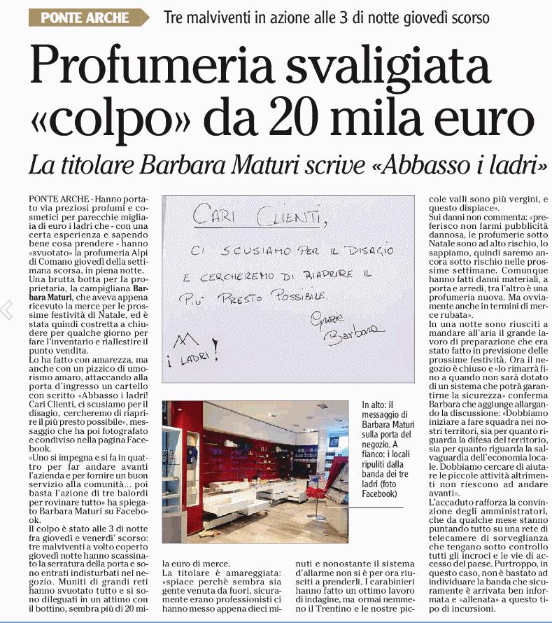 profumeria svaligiata su l'Adige