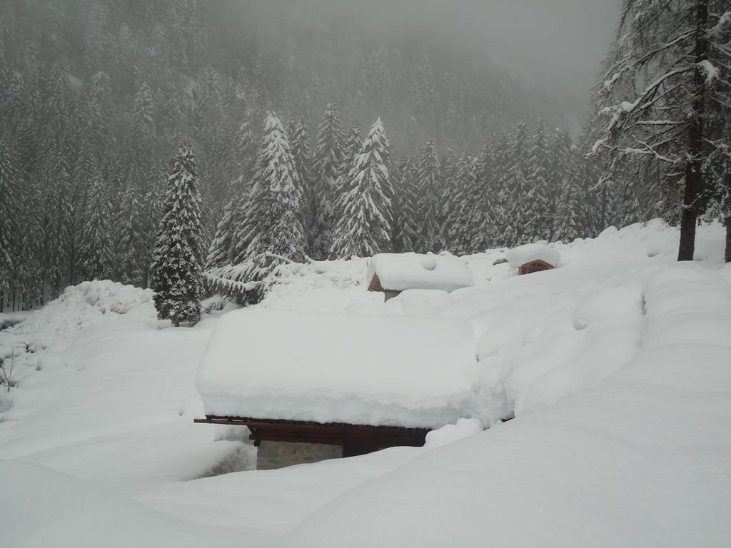 Val Genova come si presentano le casette della Ragàda al limitare della valanga coperta dalla recente nevicata