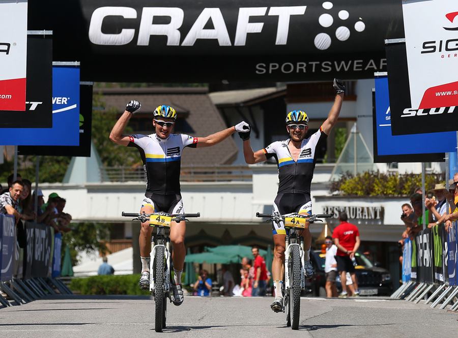 Winners   Urs Huber SUI and Karl Platt GER of Team Bulls Finish BIKE- Transalp -  Mayrhofen Stage 1 Mittenald-Mayrhofen c Henning Angerer-Craft BIKE
